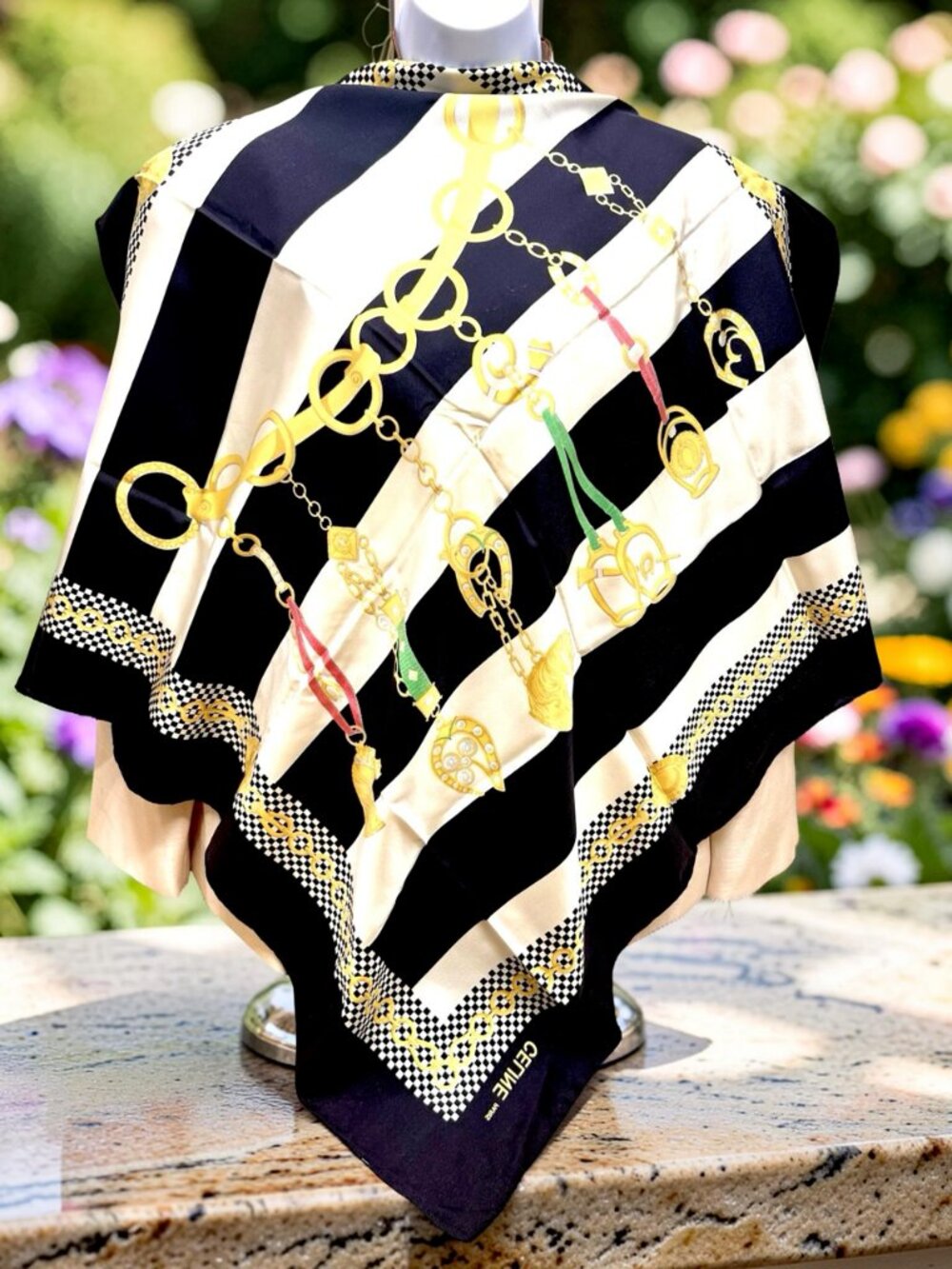French Made CELINE Paris 100% SilkScarf 34" Black Ivery Striped Gold Charm (36